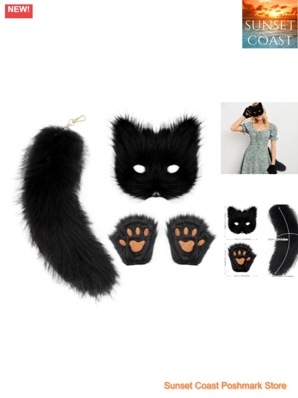Faux Fur Cat Fox Mask Tail Paws Gloves Set Therian Cosplay Halloween Costume